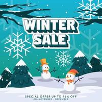 social media winter sale background with cute snowman vector