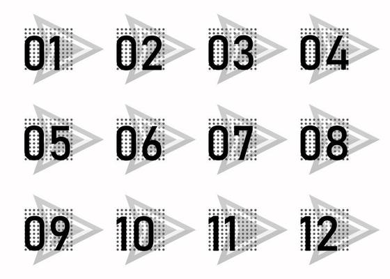 Black and white bullet points arrows, numbers from 1 to 12. Infographics. Vector design.
