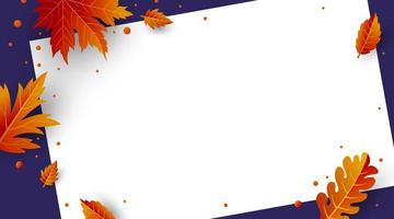 Autumn leaves and blank white paper on violet background vector illustration