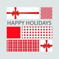 Happy holidays poster. Red and white gift boxes wrapped in paper of different ornaments. Vector design.