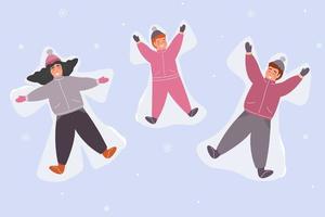 la familia hace un ángel de nieve, se revuelca en la nieve. divertido entretenimiento de invierno. mamá, papá, bebé con ropa de abrigo afuera. gráficos vectoriales vector