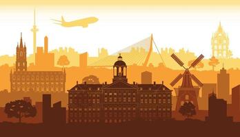 Netherlands famous landmarks by silhouette style vector