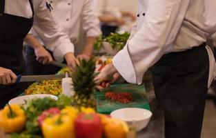 team cooks and chefs preparing meal photo