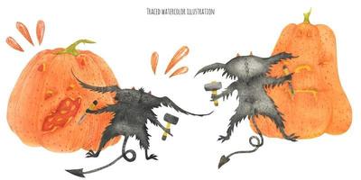 The Little Furry Devils graving pumpkins vector