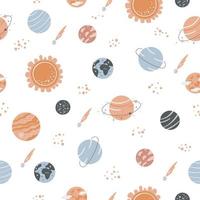 Seamless pattern with Sun and different planets. Colorful space design vector