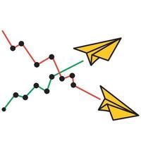 crecimiento de garabatos dibujado a mano y gráfico de caída como vector de ilustración de avión de papel