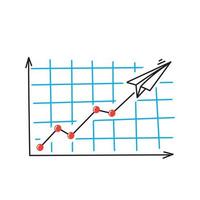 crecimiento de garabatos dibujado a mano y gráfico de caída como vector de ilustración de avión de papel