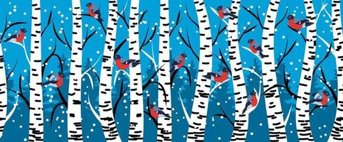 Winter seamless pattern with bullfinches and birch trees. vector