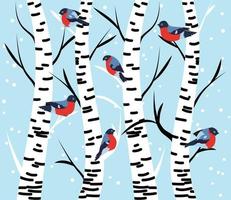 Winter seamless pattern with bullfinches and birch trees. vector