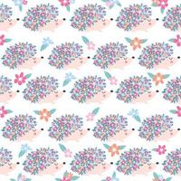 seamless childish floral pattern with flowers and cute hedgehogs on black background vector