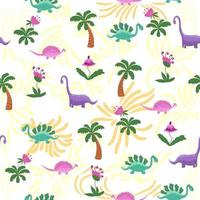 Hand drawn cute dinosaurs seamless pattern. Childrens pattern with dinos, rainbows, clouds, stars, polka dots vector