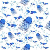 Seamless pattern with detailed transparent jellyfish. Childish seamless pattern with cute hand drawn fishes and jellyfishes in doodle style. Trendy nursery background vector