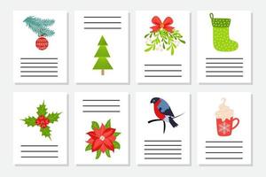 conjunto de saludo de navidad o invitación. postales con símbolos de año nuevo, árbol de navidad, copos de nieve, regalos, bastón de caramelo vector