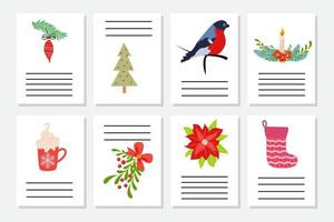 Set of Christmas greeting or invitation. Postcards with New Years symbols, Christmas tree, snowflakes, gifts, candy cane vector