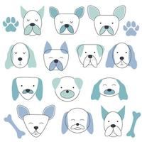colección de expresiones faciales de diferentes razas de perros. lindo estilo de bebé, adecuado para recién nacidos vector