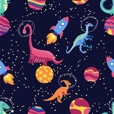 Dino in space seamless pattern. Cute dragon characters, dinosaur traveling galaxy with stars, planets. Kids cartoon background. Illustration of astronaut dragon, kids wrapping with cosmic dino