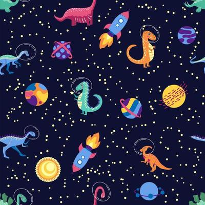 Dino in space seamless pattern. Cute dragon characters, dinosaur traveling galaxy with stars, planets. Kids cartoon background. Illustration of astronaut dragon, kids wrapping with cosmic dino