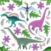 patrón de dinosaurio de fideos. estampado de dragón textil sin costuras, fondo de tela infantil de moda, dinosaurios de dibujos animados. vector