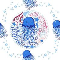 Seamless pattern with detailed transparent jellyfish. Childish seamless pattern with cute hand drawn fishes and jellyfishes in doodle style. Trendy nursery background vector