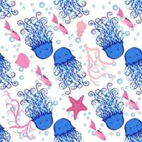 Seamless pattern with detailed transparent jellyfish. Childish seamless pattern with cute hand drawn fishes and jellyfishes in doodle style. Trendy nursery background vector