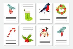 conjunto de saludo de navidad o invitación. postales con símbolos de año nuevo, árbol de navidad, copos de nieve, regalos, bastón de caramelo vector