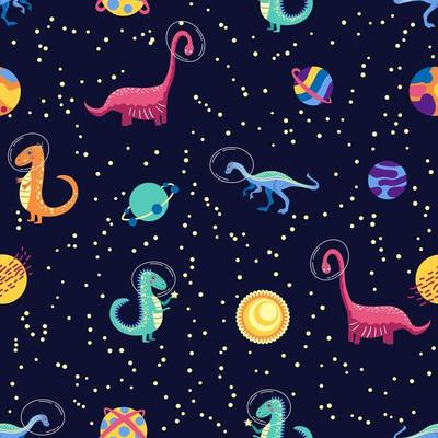 Dino in space seamless pattern. Cute dragon characters, dinosaur traveling galaxy with stars, planets. Kids cartoon background. Illustration of astronaut dragon, kids wrapping with cosmic dino