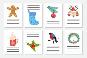 conjunto de saludo de navidad o invitación. postales con símbolos de año nuevo, árbol de navidad, copos de nieve, regalos, bastón de caramelo vector