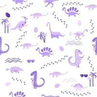 Cute dinosaurs seamless pattern. Solid pattern, shades of blue, green, pink, orange, purple, gray. Funny cartoon dinosaur vector