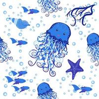 Seamless pattern with detailed transparent jellyfish. Childish seamless pattern with cute hand drawn fishes and jellyfishes in doodle style. Trendy nursery background vector