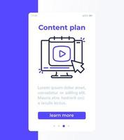 banner móvil del plan de contenido con icono de línea, video y calendario en pantalla vector