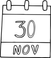 calendario dibujado a mano en estilo garabato. 30 de noviembre. lunes cibernético, día de la seguridad informática, mascotas mundiales, fecha. icono, elemento adhesivo para el diseño. planificación, vacaciones de negocios vector