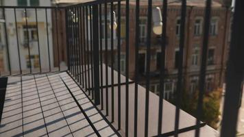 Panning view of iron railing of elevated deck video