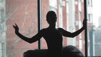 silhouet van een ballerina Aan een achtergrond van de stad een prachtig in beweging dans. in een zwart tutu en pointe schoenen. de beeld van de zwart zwaan van de ballet. langzaam beweging video