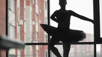 silhouette. ballerina nel un' nero tutu danza su il sfondo di il città. bellissimo balletto nel un' pointe scarpe. il Immagine di il cigno. lento movimento video