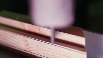 Worker Carpenter Sawing a Board with a Circular End Saw in his Carpentry Workshop. Woodworking Production. Macro shooting. Close up. video