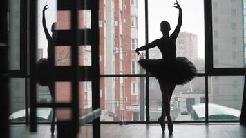 Silhouette einer Ballerina auf dem Hintergrund der Stadt ein wunderschön bewegender Tanz. in einem schwarzen Tutu und Spitzenschuhen. das Bild des schwarzen Schwans aus dem Ballett. Zeitlupe video
