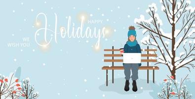 Vector Christmas card with young girl sitting on a bench in a park with coffee and a laptop. Concept of remote work, freelancing or studying online. Flat vector illustration
