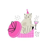 cat with a glass of drink in flat style. hand drawn vector illustration.