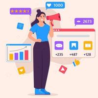 concepto de marketing en redes sociales con mujer con megáfono e íconos de smm. mujer joven gestionando procesos de estrategia de smm. ilustración vectorial plana. vector