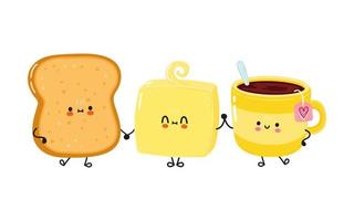 Cute happy toast cup of tea and butter card. Vector hand drawn doodle style cartoon character illustration icon design. Happy toast cup of tea and butter friends concept card