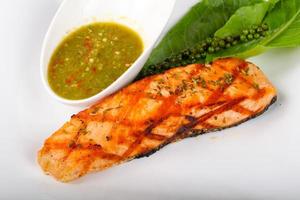 Grilled salmon on wood photo