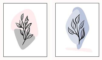 Abstract set vector shapes with branch with laurel leaves in line-art style.
