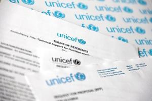 TERNOPIL, UKRAINE - MAY 2, 2022 Request for proposal for services from UNICEF - United Nations programm that provides humanitarian and developmental assistance to children photo