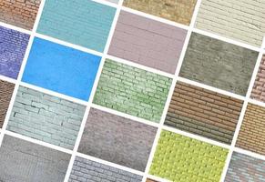 A collage of many pictures with fragments of brick walls of different colors close-up. Set of images with varieties of brickwork photo