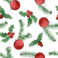 watercolor drawing. christmas seamless pattern with holly leaves and fir branches and Christmas toys on a white background vector