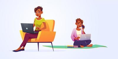 Woman work on laptop sitting on mat and chair. vector