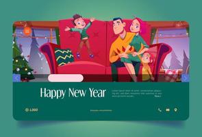 banner de feliz año nuevo con familia sentada en el sofá vector