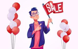 Sale poster with balloons and man hold banner vector