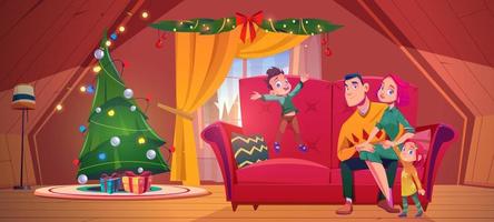 Happy family celebrate Christmas in chalet house vector
