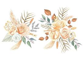 Watercolor bouquets of dried plants and leaves in boho style. vector